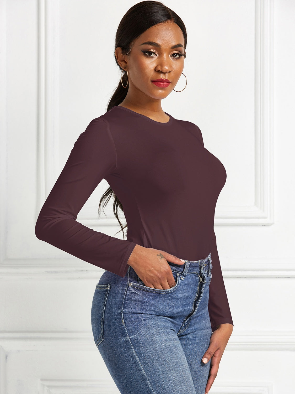 Round Neck Long Sleeve Bodysuit-Angel Casuals