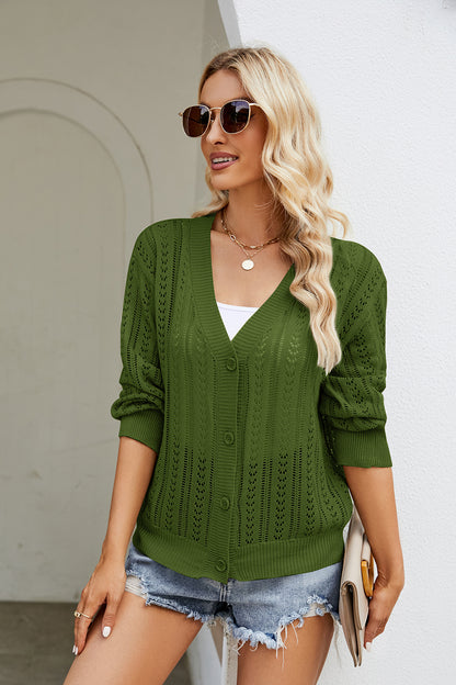 Openwork Button Front V-Neck Cardigan-Angel Casuals