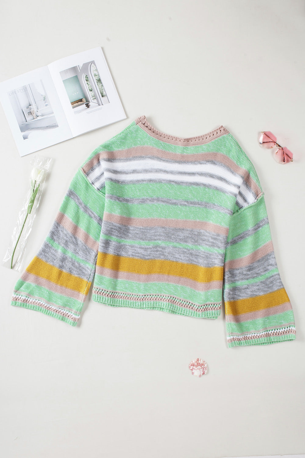 Contrast Striped Boat Neck Dropped Shoulder Sweater-Angel Casuals