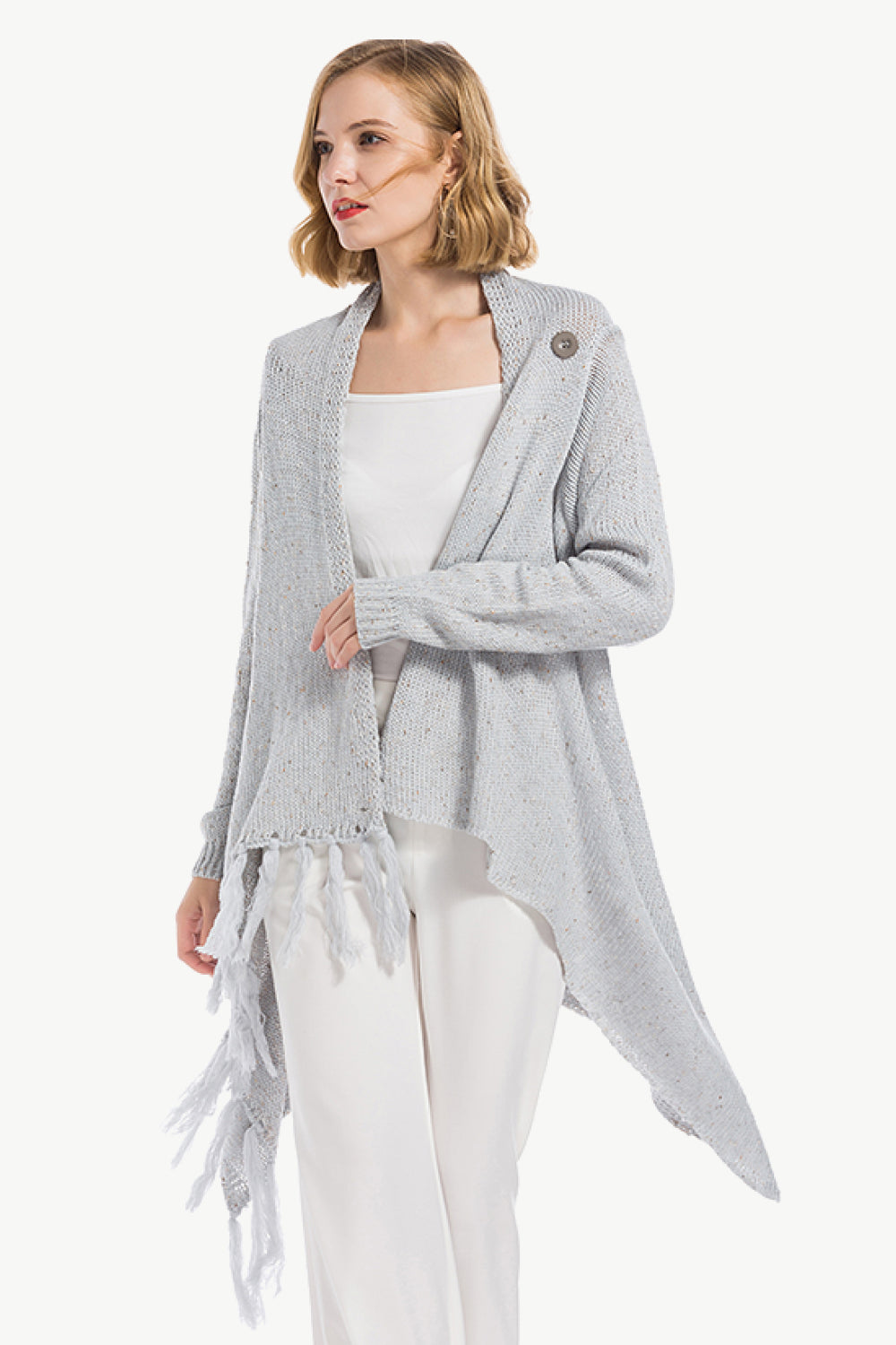 One-Button Tassel Tie Asymmetrical Hem Cardigan-Angel Casuals