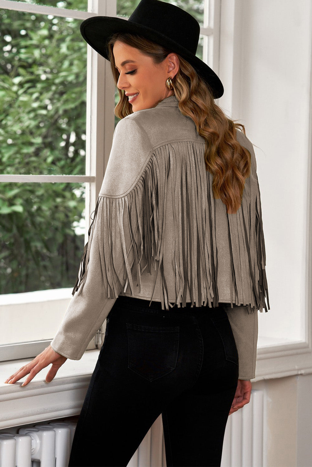 Fringe Trim Lapel Collar Cropped Blazer-Angel Casuals