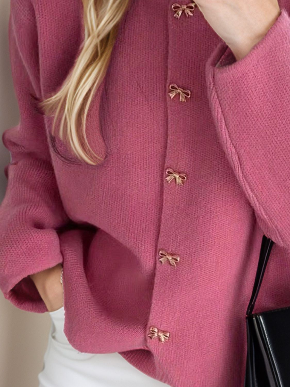 Bow Button Down Round Neck Long Sleeve Cardigan-Angel Casuals