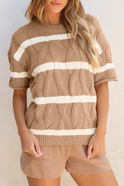 Striped Round Neck Short Sleeve Sweater-Angel Casuals