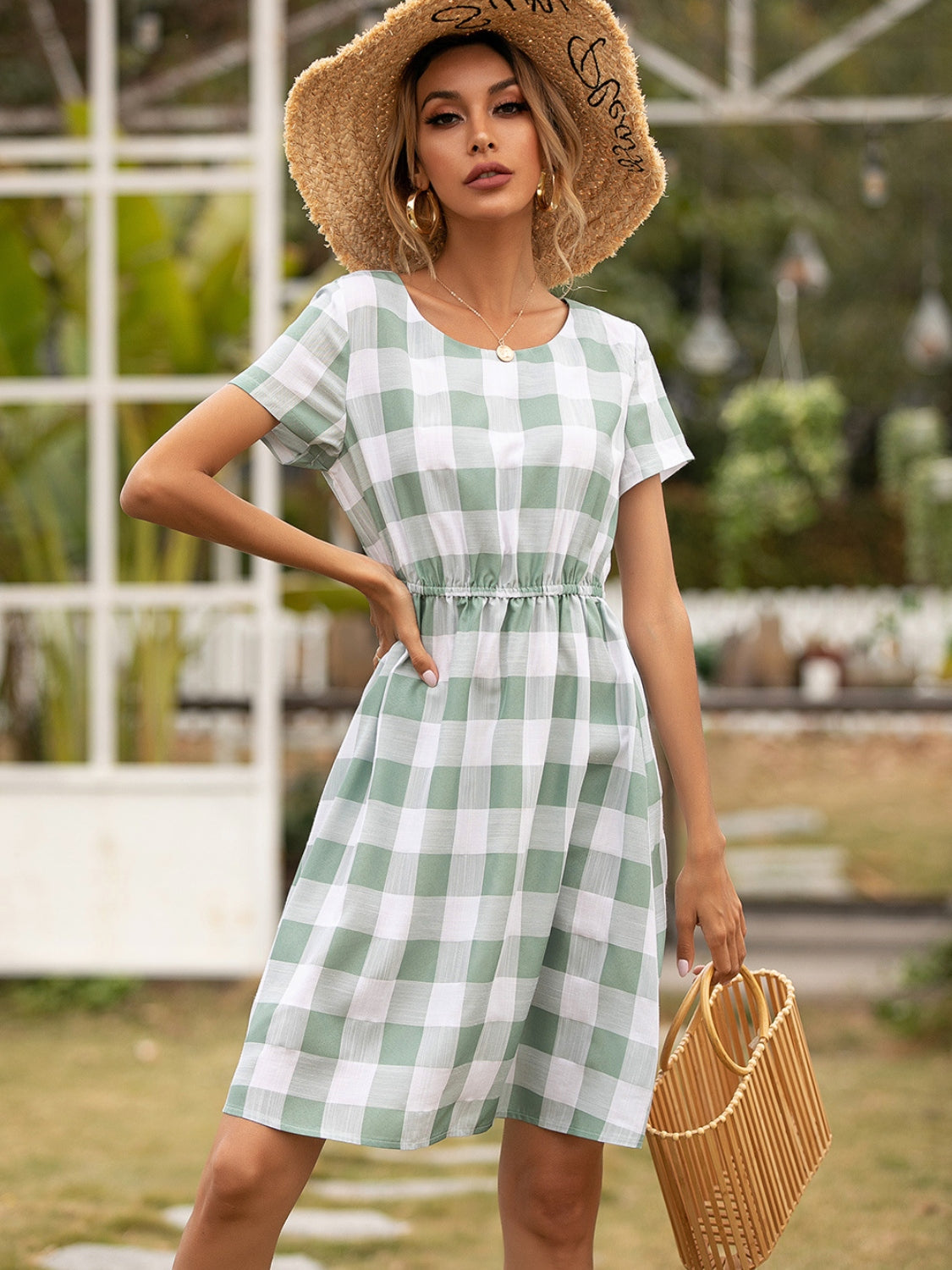 Smocked Plaid Round Neck Short Sleeve Dress-Angel Casuals