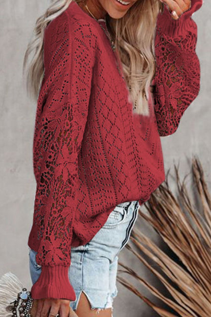 Openwork Round Neck Long Sleeve Sweater-Angel Casuals