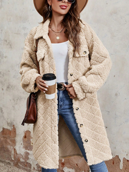 Fuzzy Button Up Dropped Shoulder Long Sleeve Coat-Angel Casuals