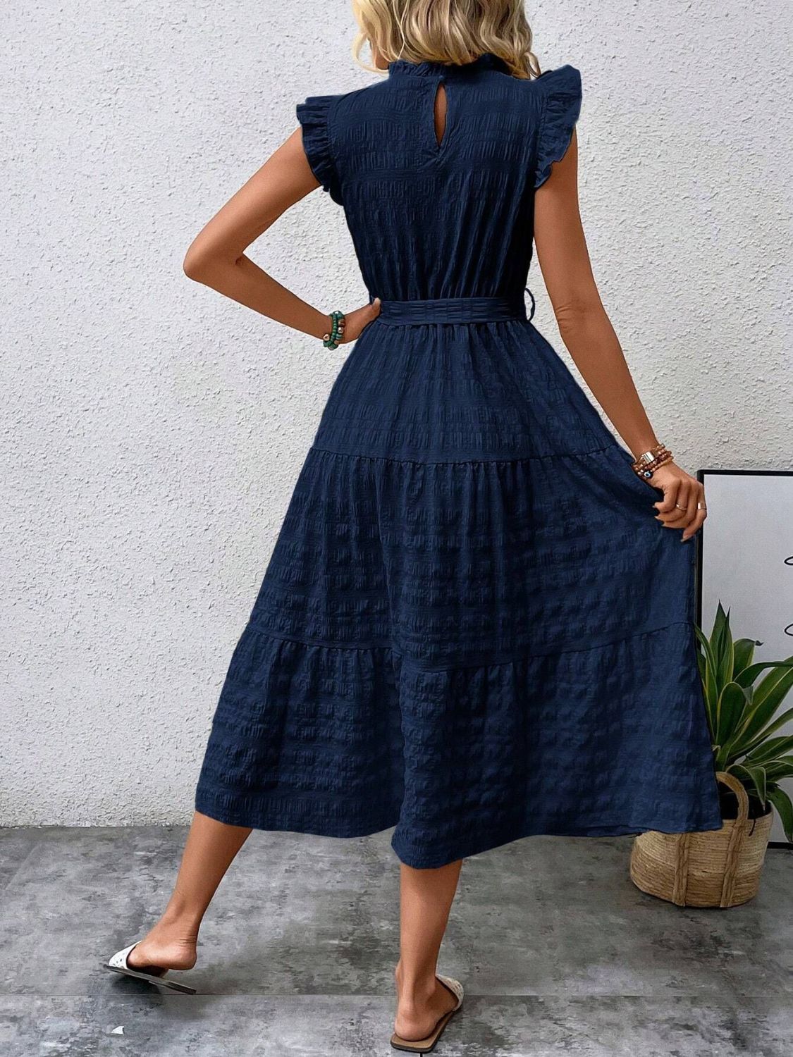 Tied Ruffled Cap Sleeve Midi Dress-Angel Casuals