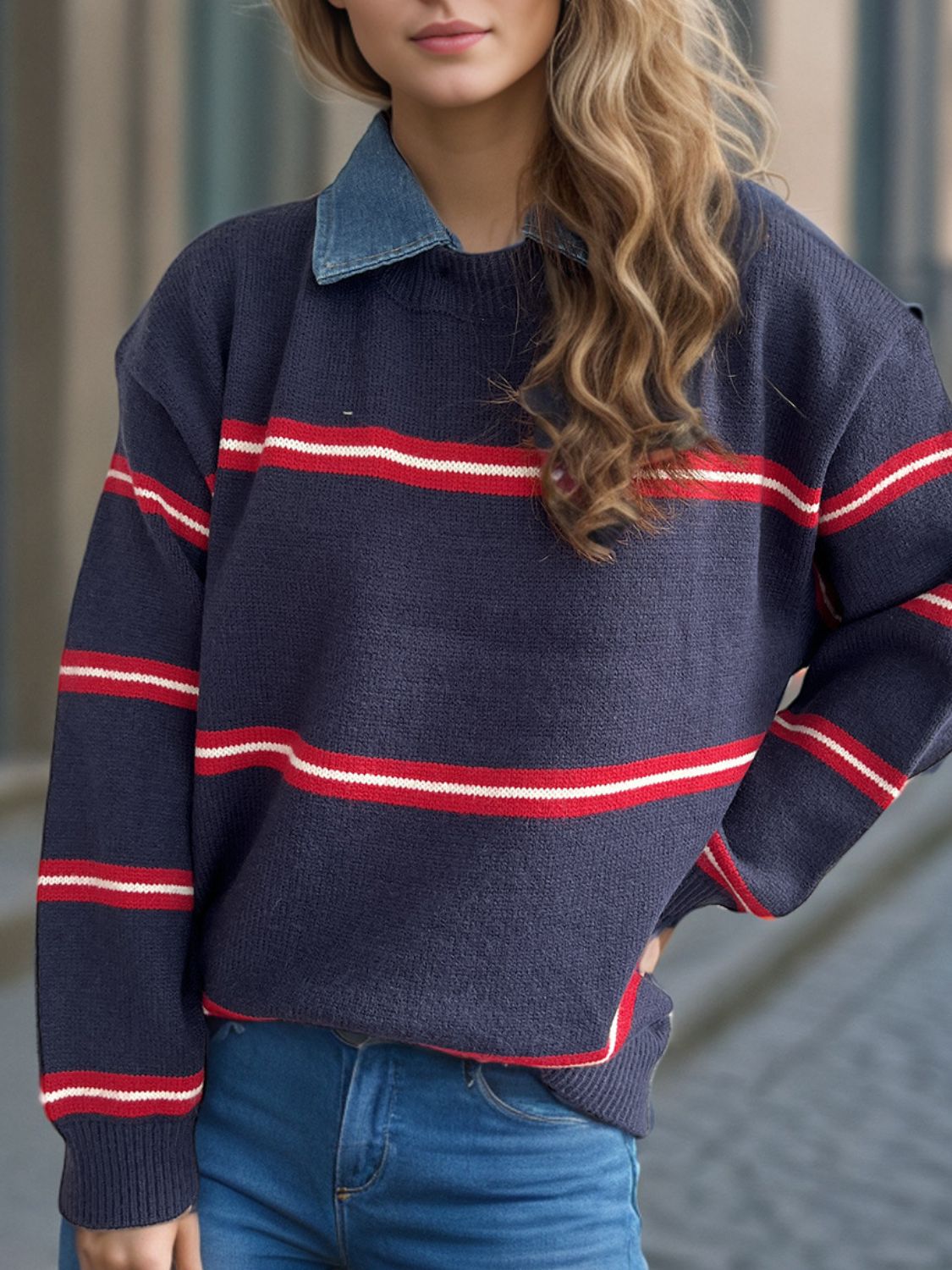 Contrast Stripes Round Neck Long Sleeve Sweater-Angel Casuals