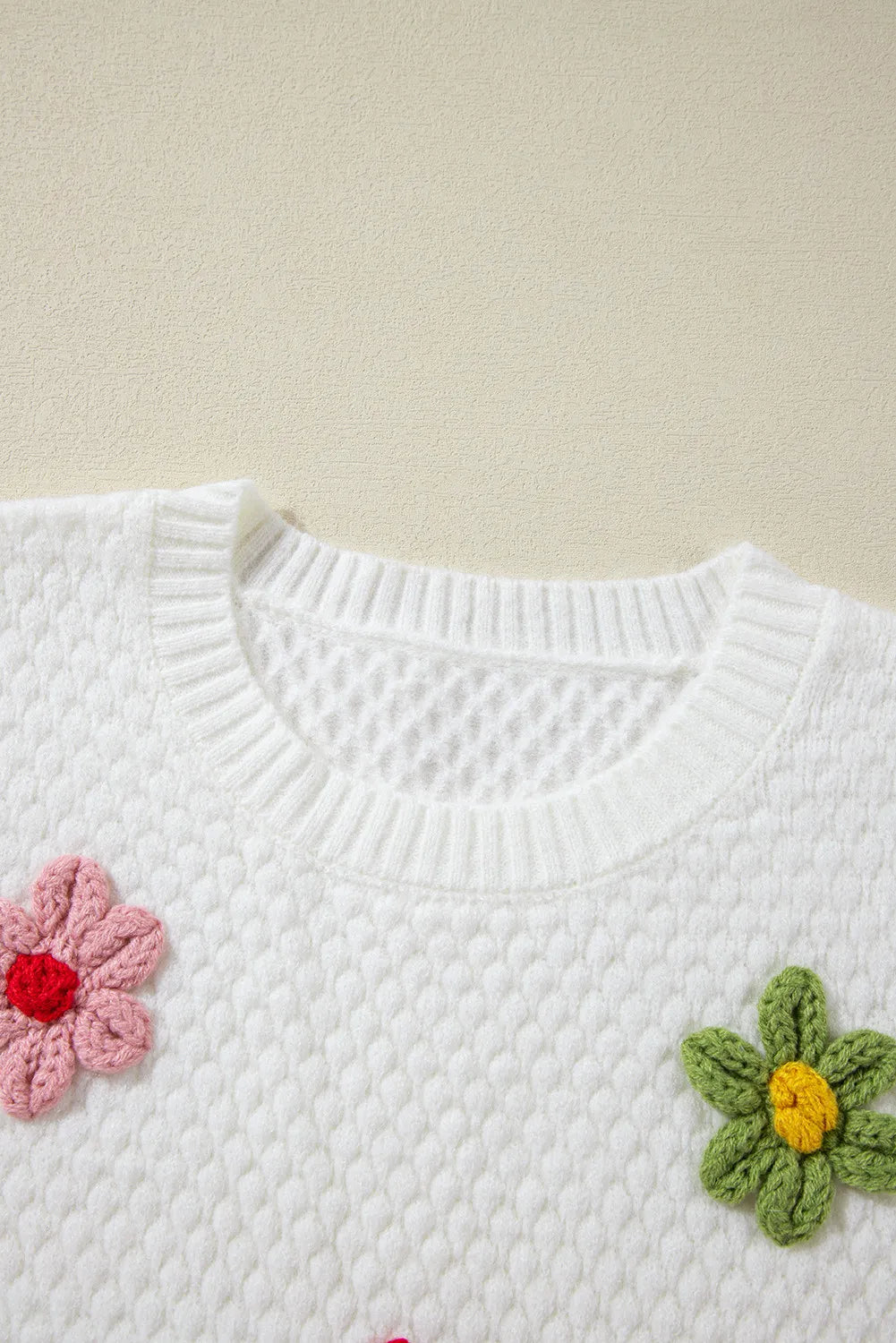 Crochet Flower Round Neck Sweater-Angel Casuals