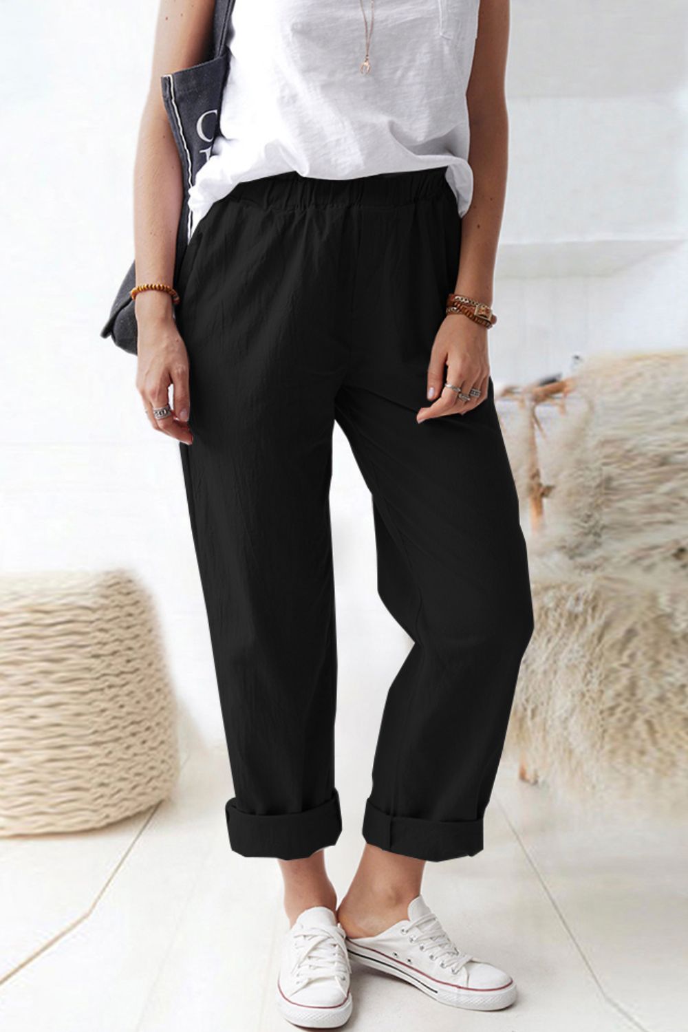 Paperbag Waist Pull-On Pants with Pockets-Angel Casuals