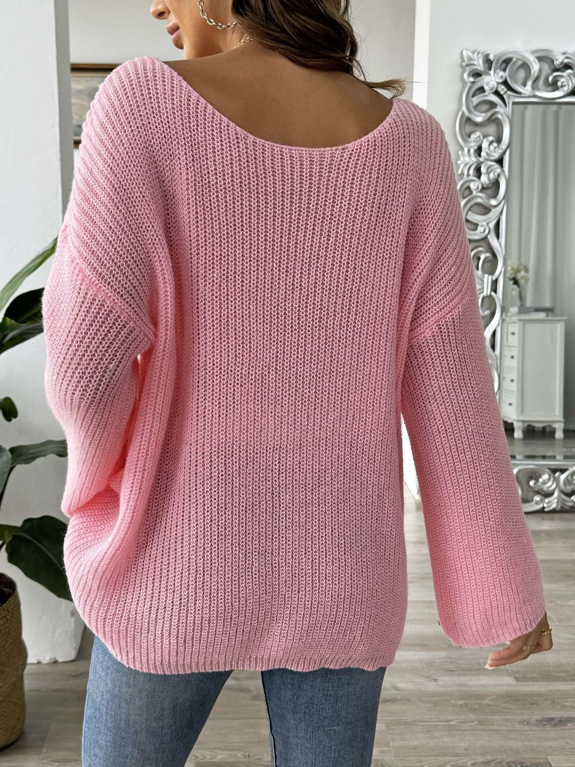 Heart Boat Neck Dropped Shoulder Sweater-Angel Casuals