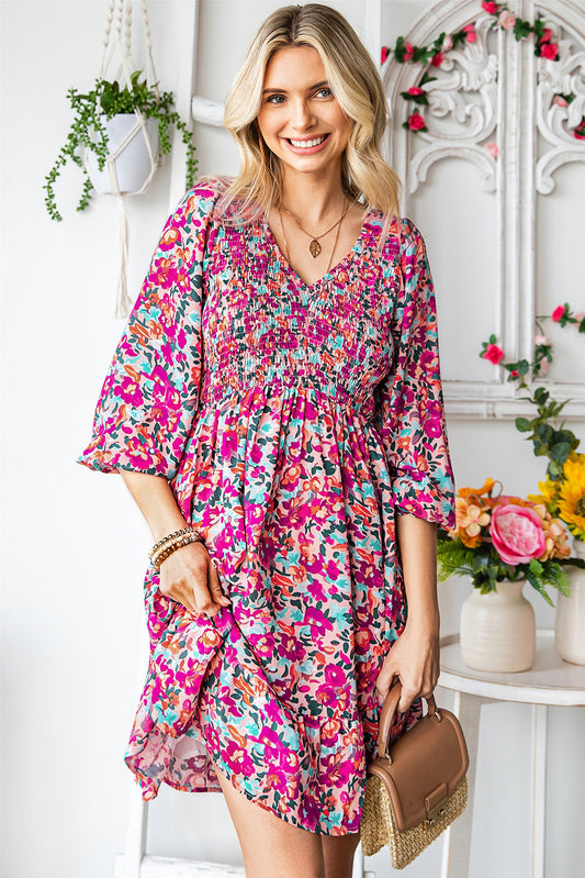 Floral Smocked V-Neck Flounce Sleeve Dress-Angel Casuals