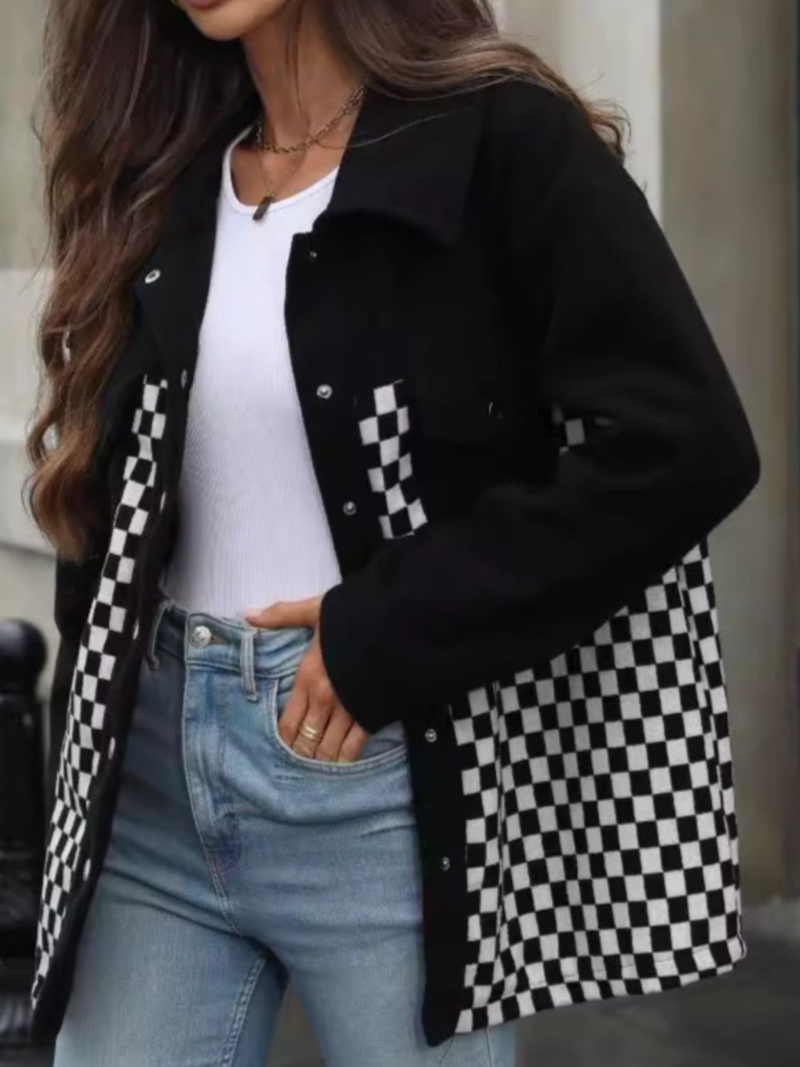 Checkered Snap Down Long Sleeve Jacket-Angel Casuals