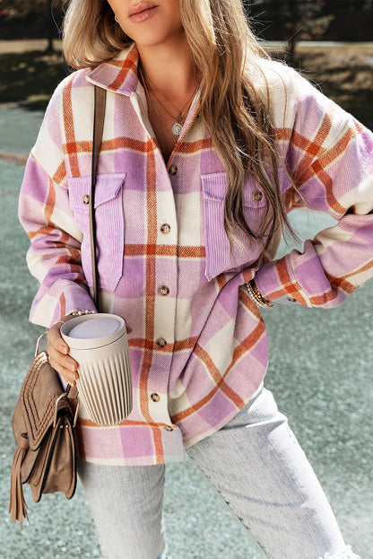 Plaid Corduroy Pockets Brushed Checkered Shacket-Angel Casuals