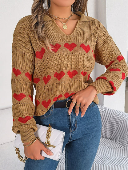 Heart Johnny Collar Long Sleeve Sweater-Angel Casuals