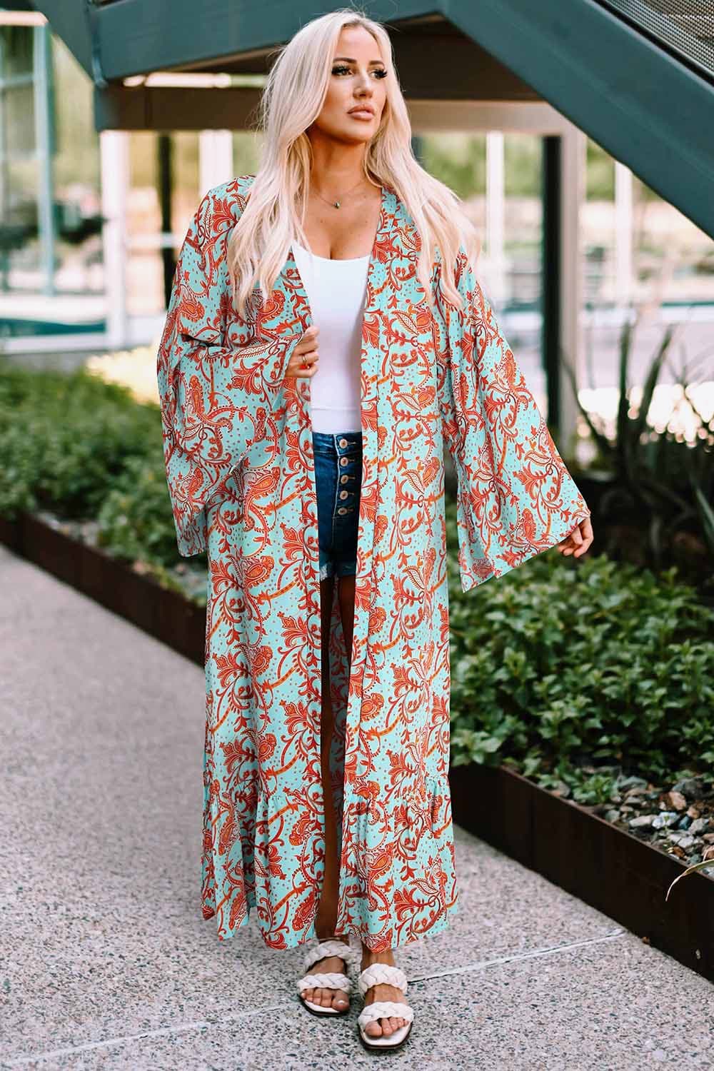 Printed Open Front Duster Cardigan-Angel Casuals