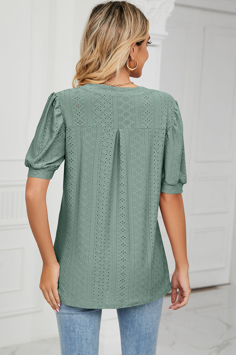 Eyelet Notched Short Sleeve T-Shirt-Angel Casuals