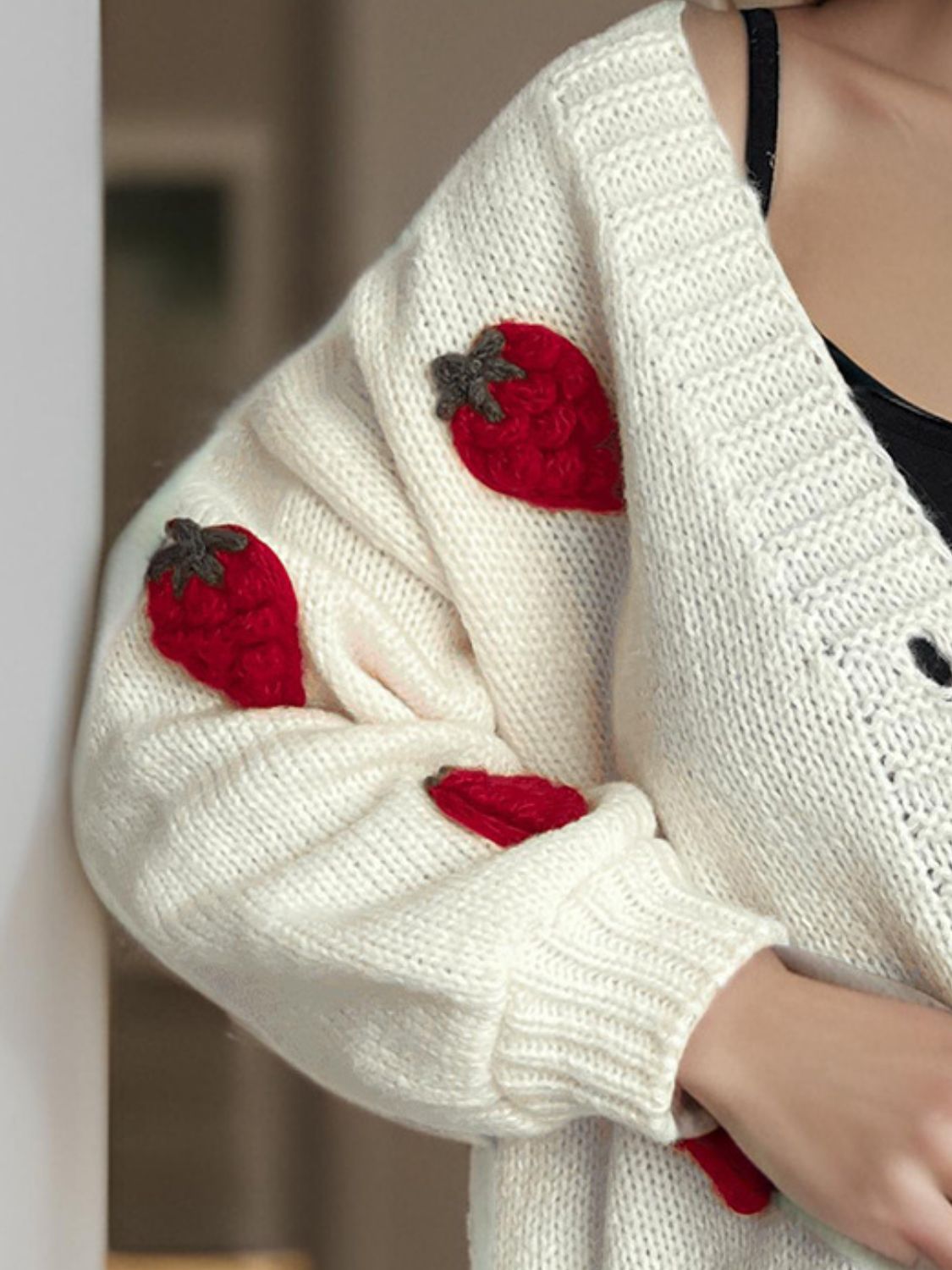Crochet Strawberry V-Neck Long Sleeve Cardigan-Angel Casuals
