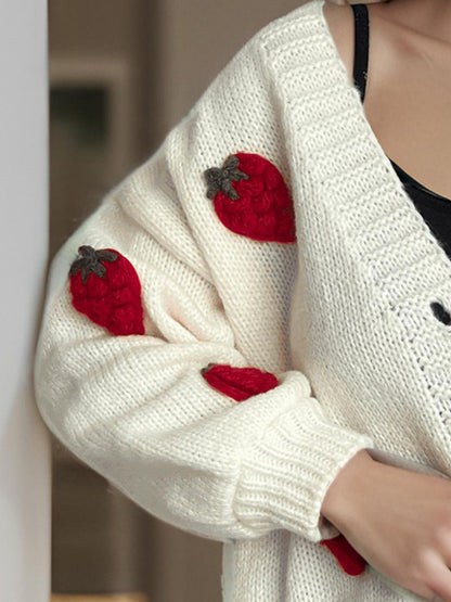 Crochet Strawberry V-Neck Long Sleeve Cardigan-Angel Casuals