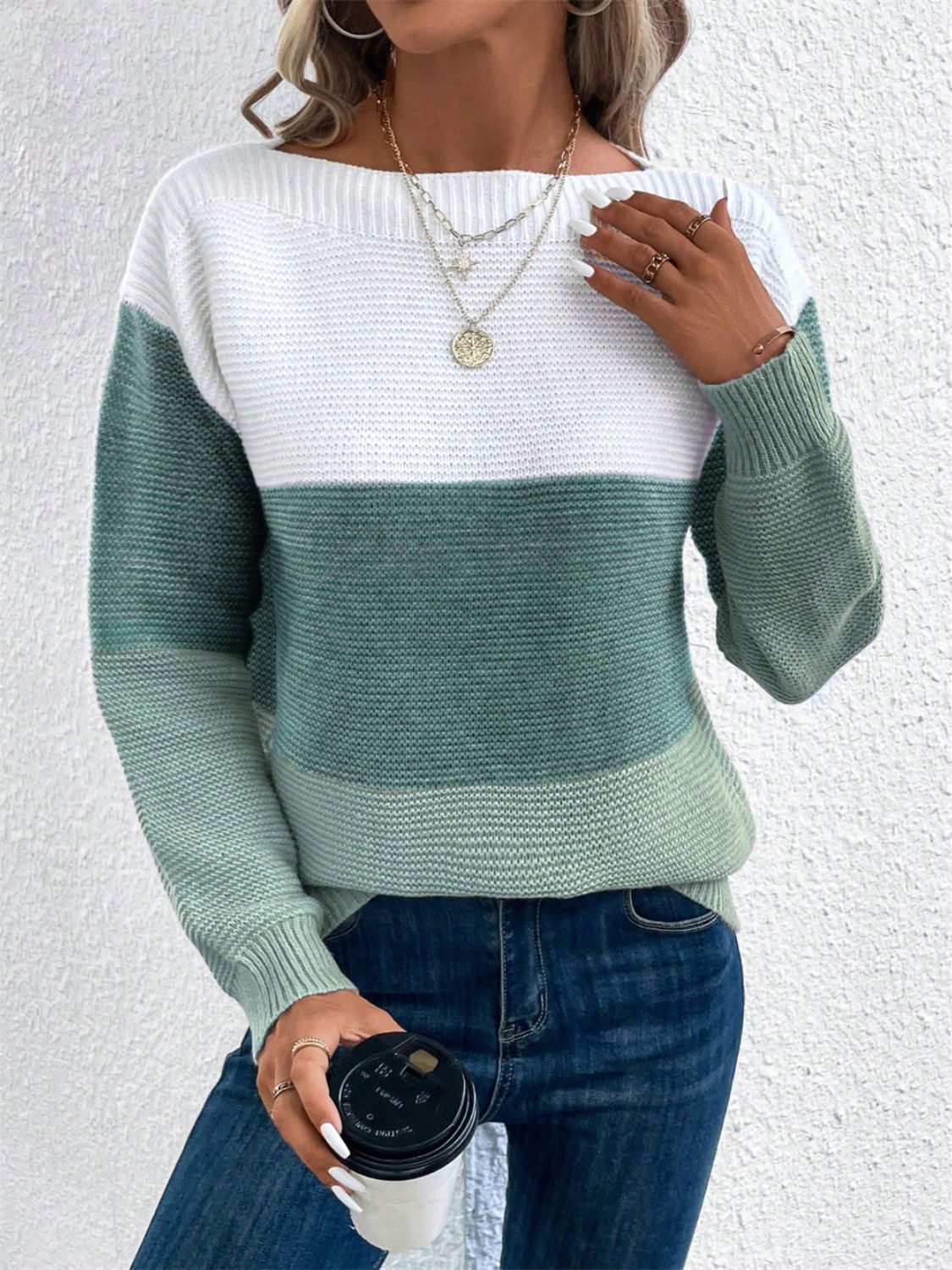 Color Block Drop Shoulder Long Sleeve Sweater-Angel Casuals