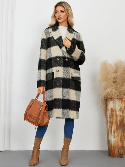 Plaid Double-Breasted Long Sleeve Coat-Angel Casuals