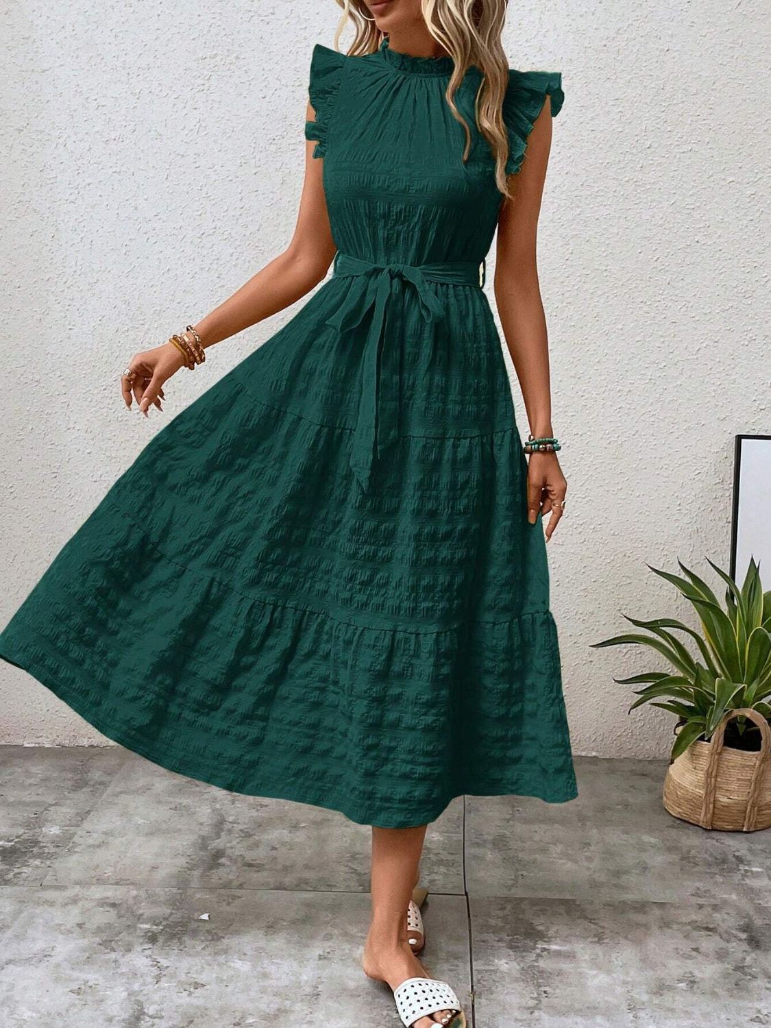 Tied Ruffled Cap Sleeve Midi Dress-Angel Casuals