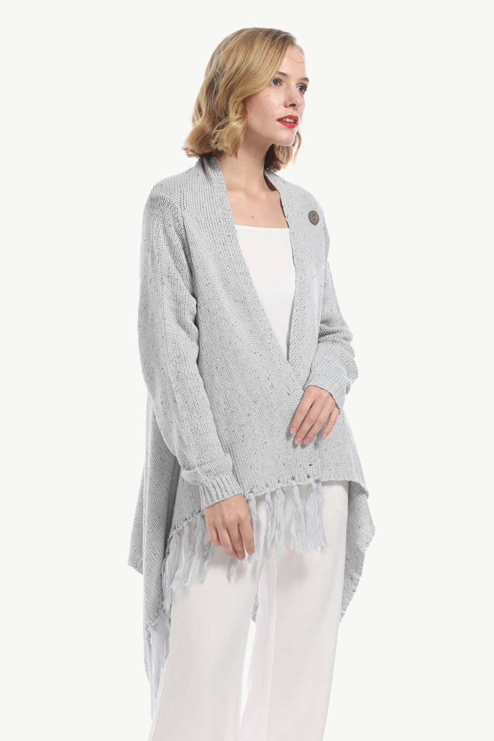 One-Button Tassel Tie Asymmetrical Hem Cardigan-Angel Casuals