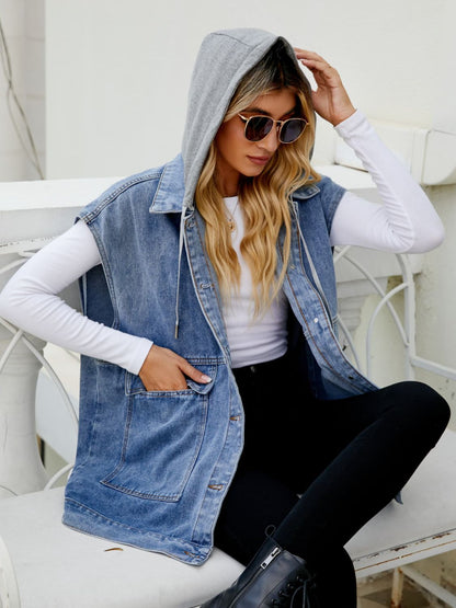 Hooded Sleeveless Denim Top with Pockets-Angel Casuals