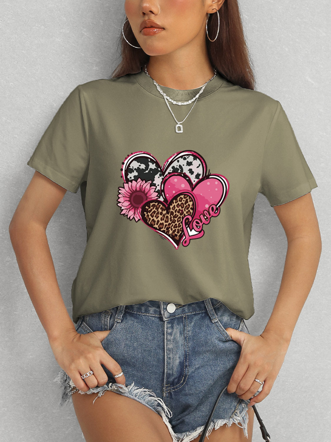 Heart Round Neck Short Sleeve T-Shirt-Angel Casuals