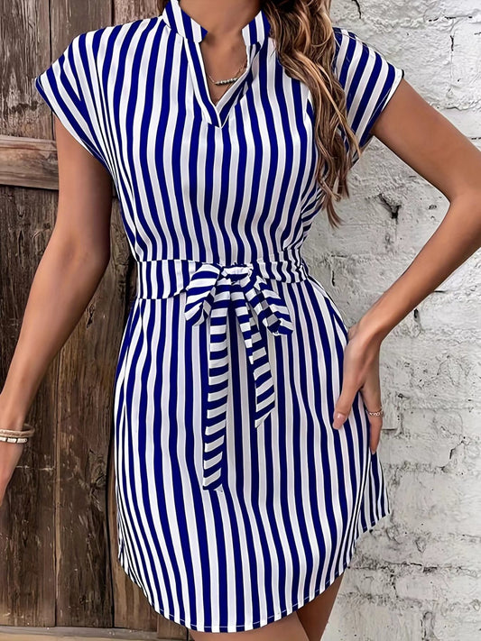 Tied Striped Cap Sleeve Mini Dress-Angel Casuals