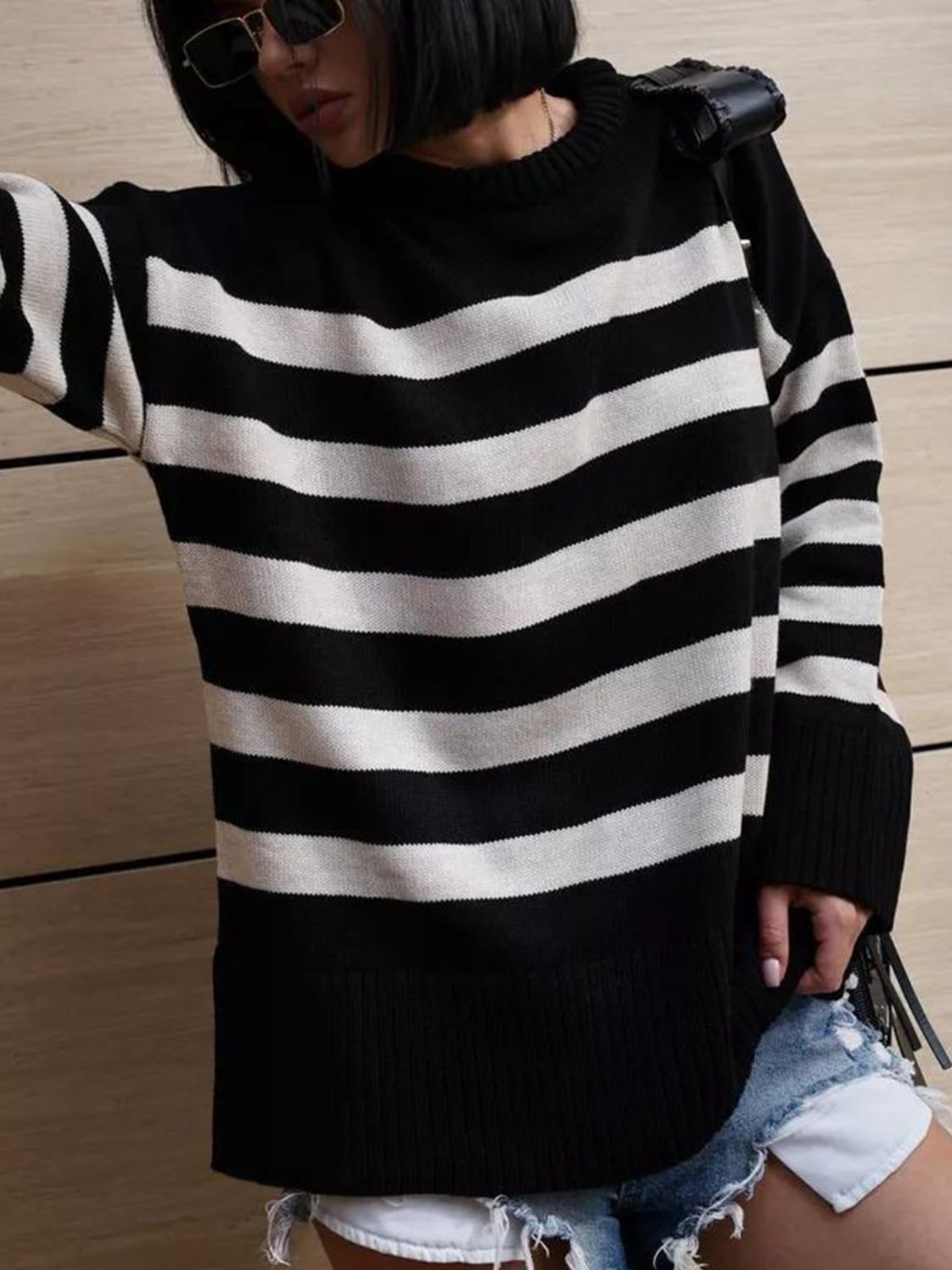 Slit Striped Round Neck Sweater-Angel Casuals