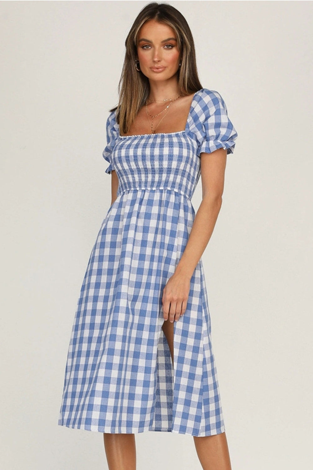 Full Size Slit Plaid Short Sleeve Midi Dress-Angel Casuals