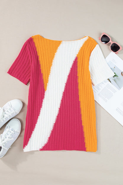 Color Block Round Neck Short Sleeve Knit Top-Angel Casuals