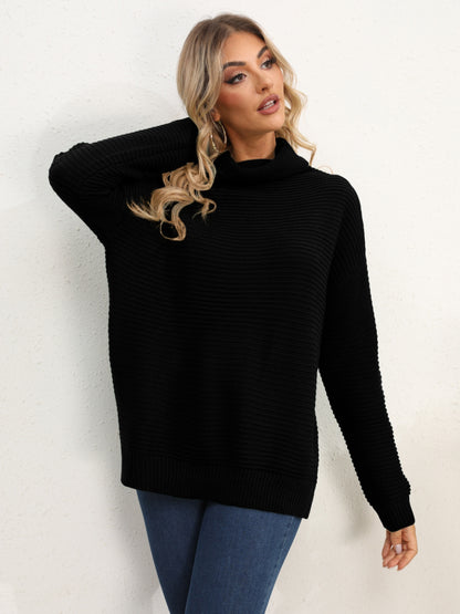 Slit Turtleneck Dropped Shoulder Sweater-Angel Casuals