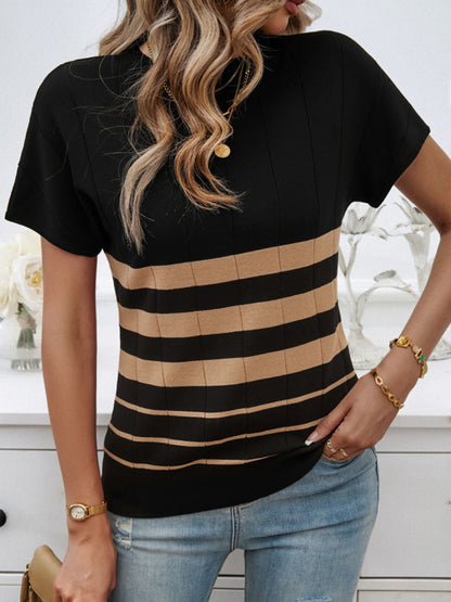 Devine Striped Round Neck Short Sleeve Knit Top-Angel Casuals