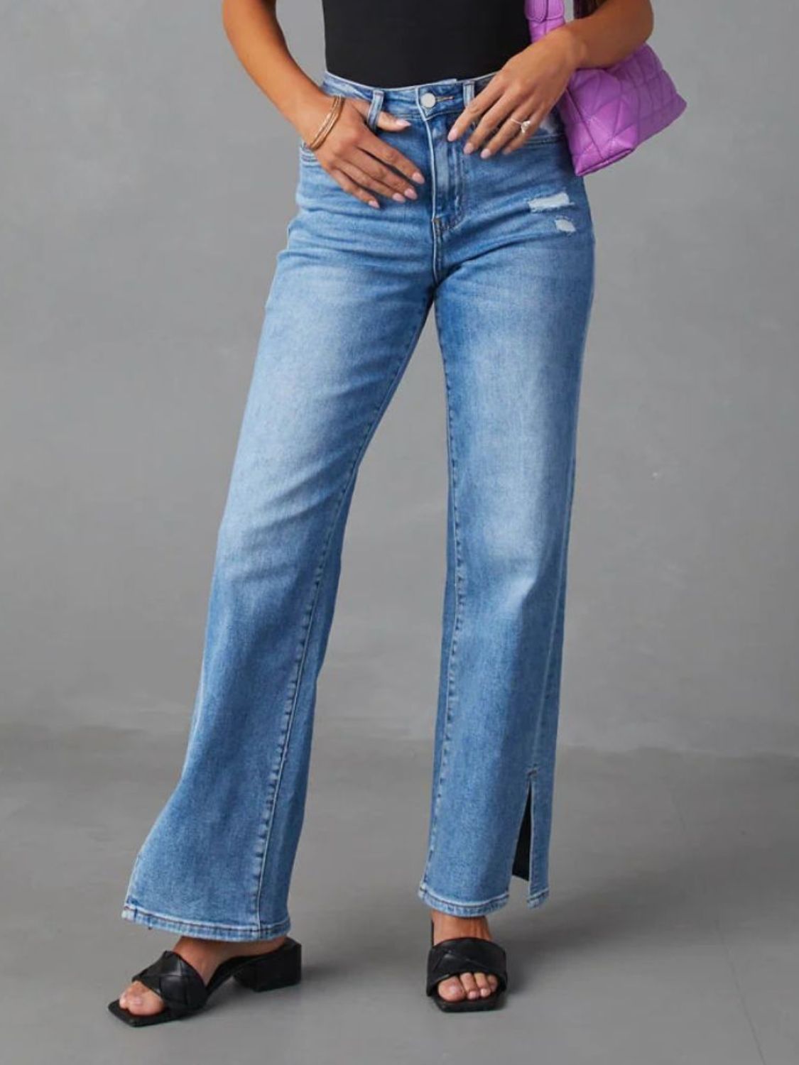 Slit Buttoned Jeans with Pockets-Angel Casuals