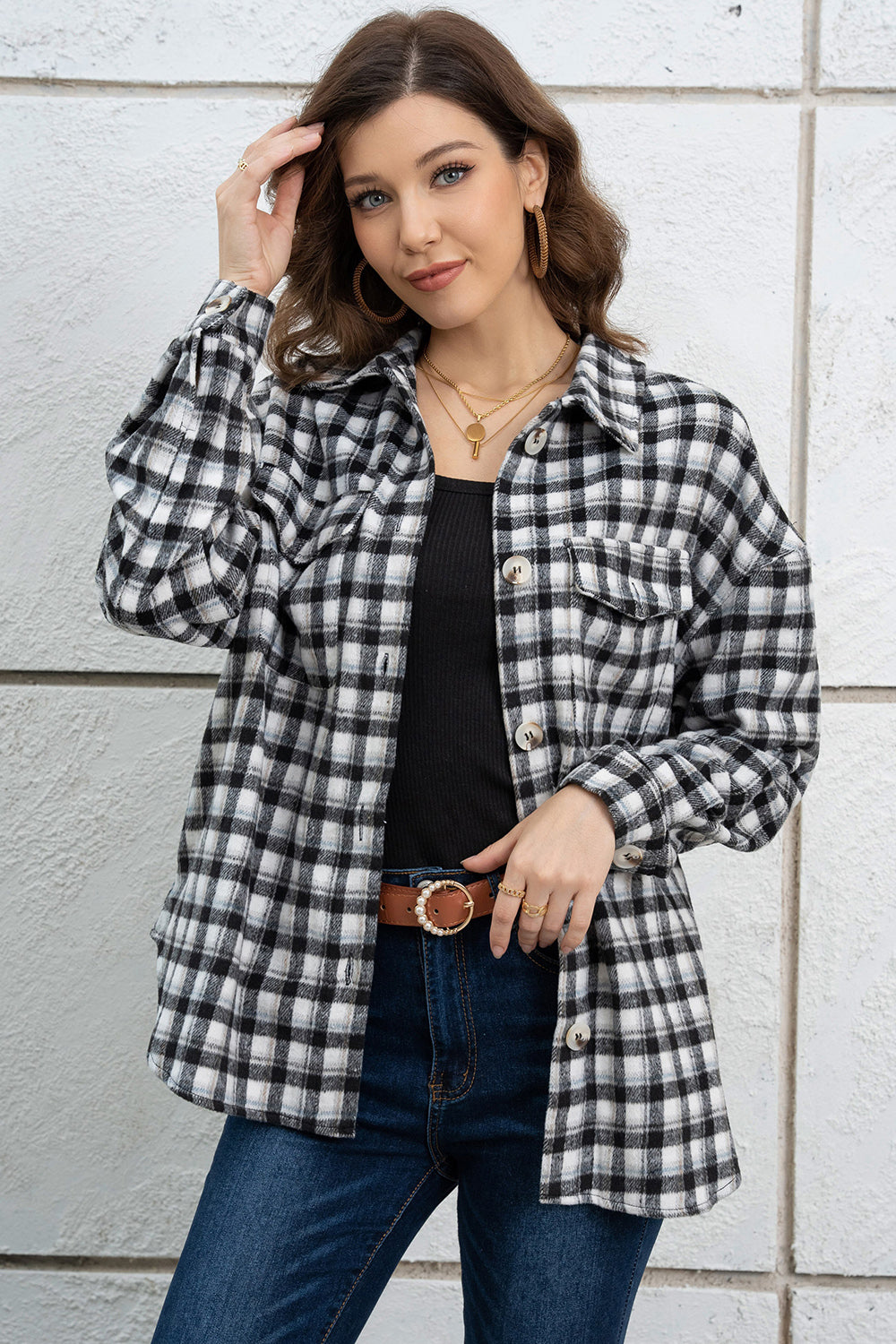 Plaid Dropped Shoulder Shirt Jacket-Angel Casuals