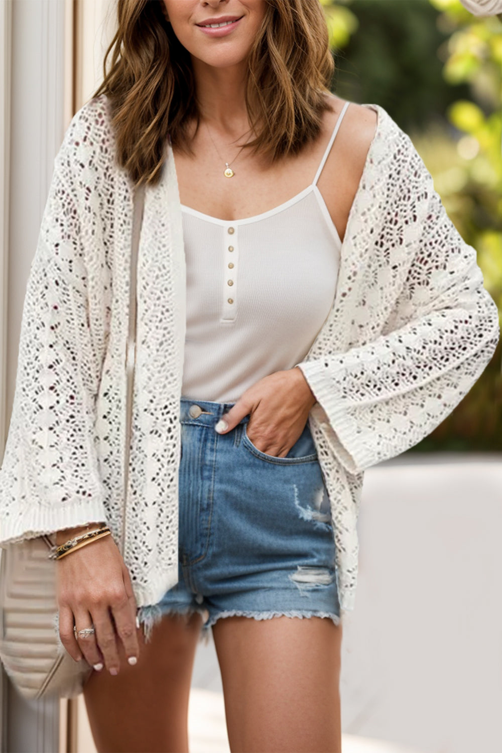 Openwork Open Front Dropped Shoulder Cardigan-Angel Casuals