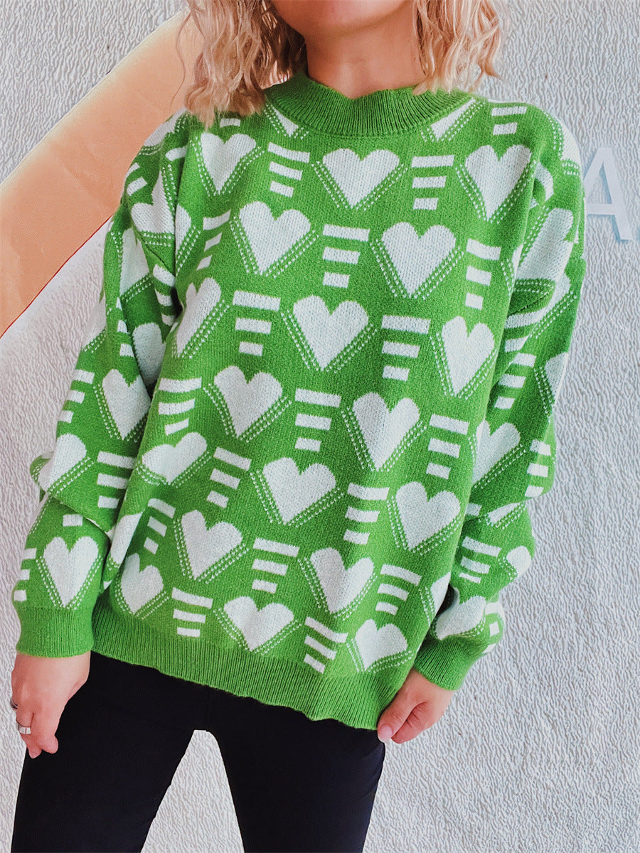 Heart Contrast Long Sleeve Dropped Shoulder Sweater-Angel Casuals