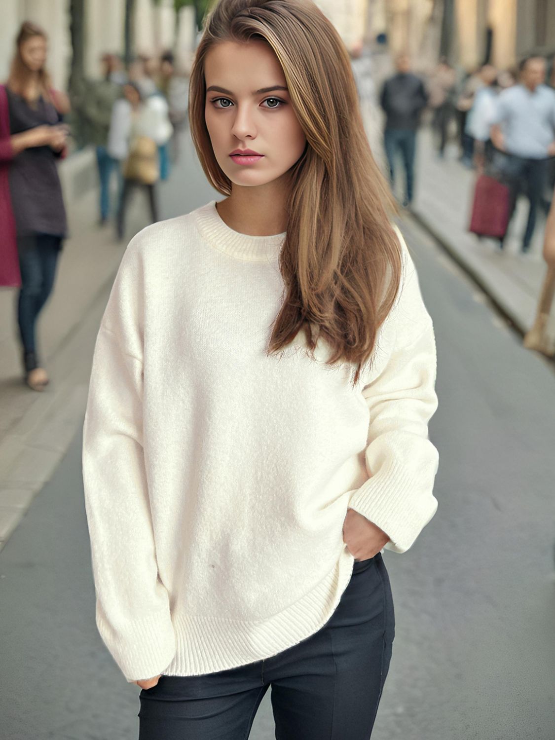 Round Neck Dropped Shoulder Long Sleeve Sweater-Angel Casuals