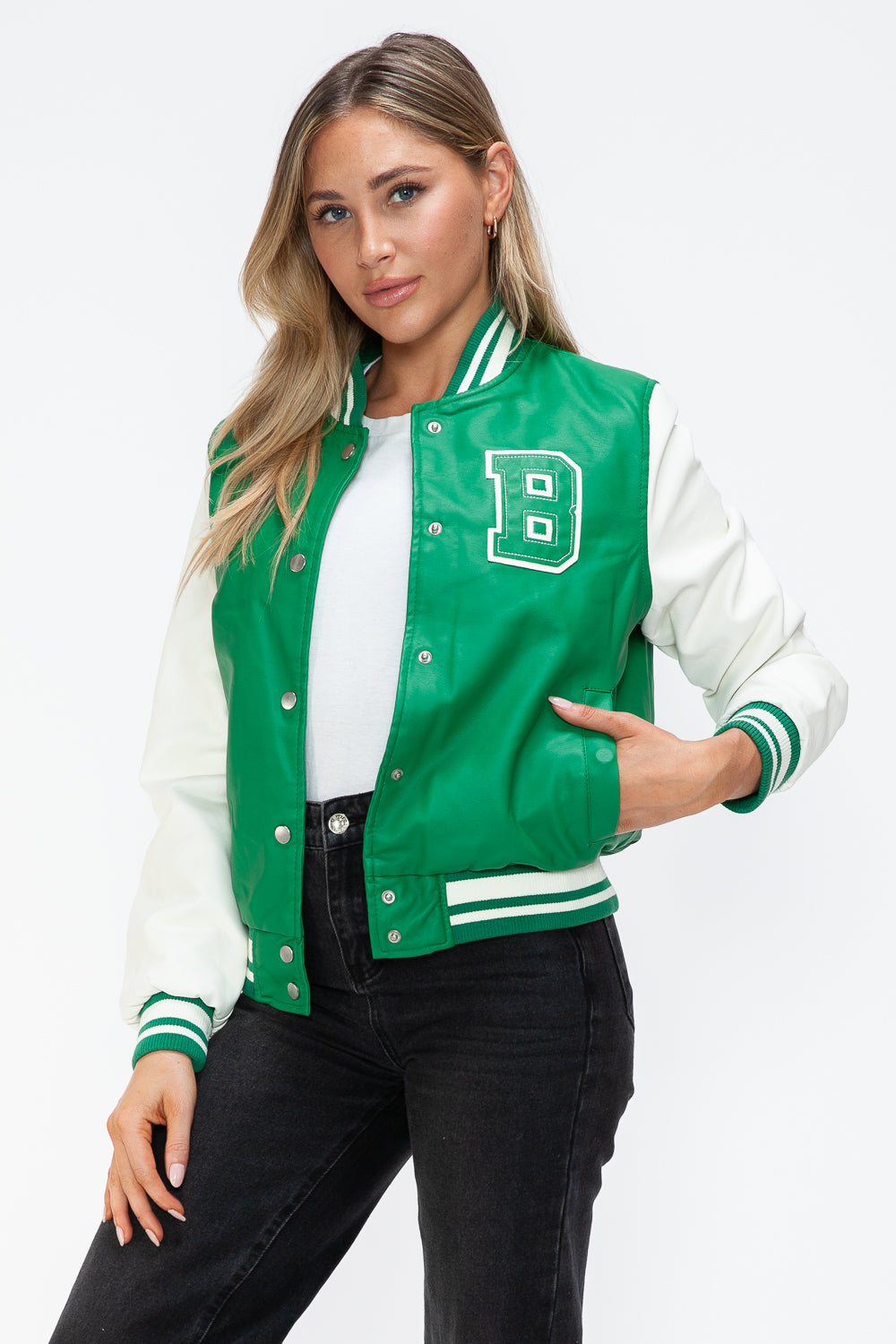 Love Me Now PU Leather Contrast Snap Down Bomber Jacket-Angel Casuals