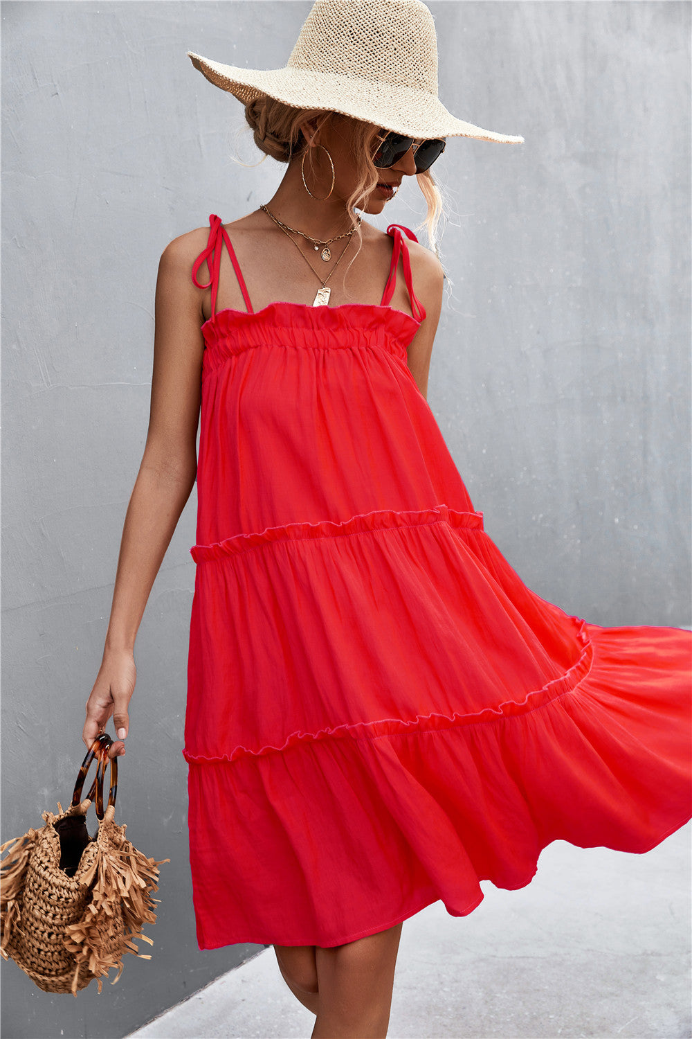 Tie-Shoulder Frill Trim Sleeveless Dress-Angel Casuals