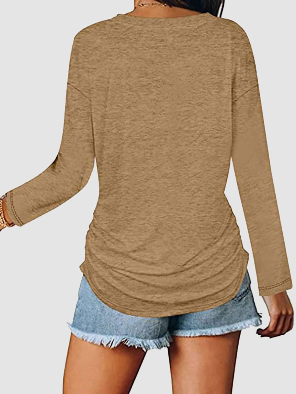 Ruched V-Neck Long Sleeve T-Shirt-Angel Casuals