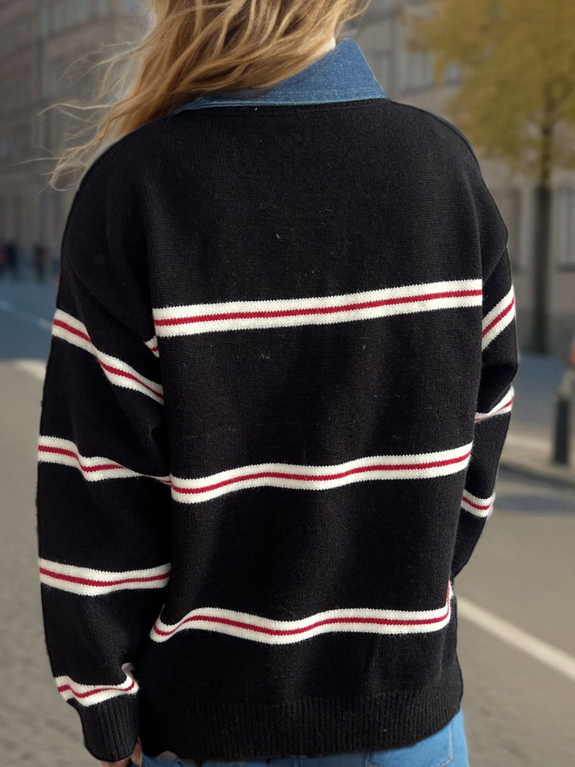 Contrast Stripes Round Neck Long Sleeve Sweater-Angel Casuals