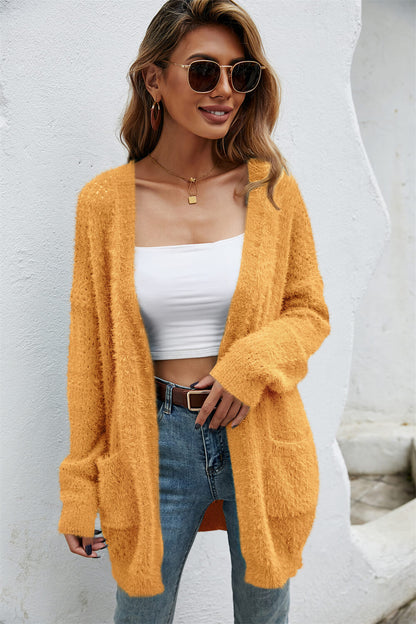 Open Front Openwork Fuzzy Cardigan with Pockets-Angel Casuals