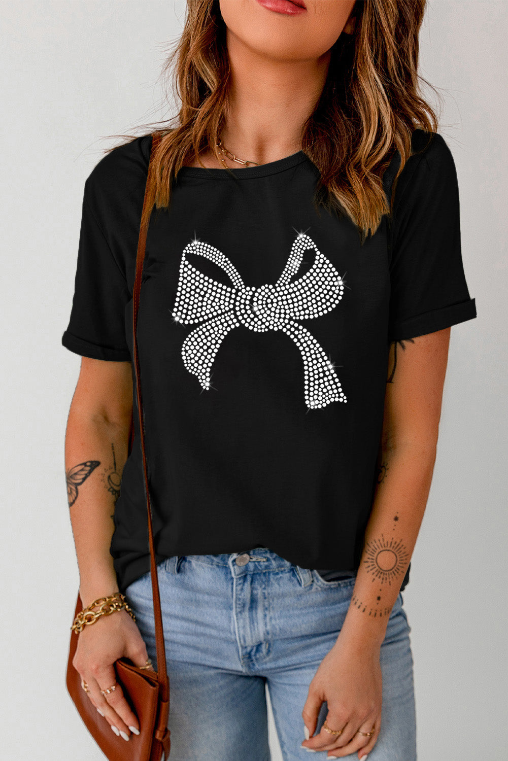 Rhinestone Bow Graphic Round Neck Short Sleeve T-Shirt-Angel Casuals