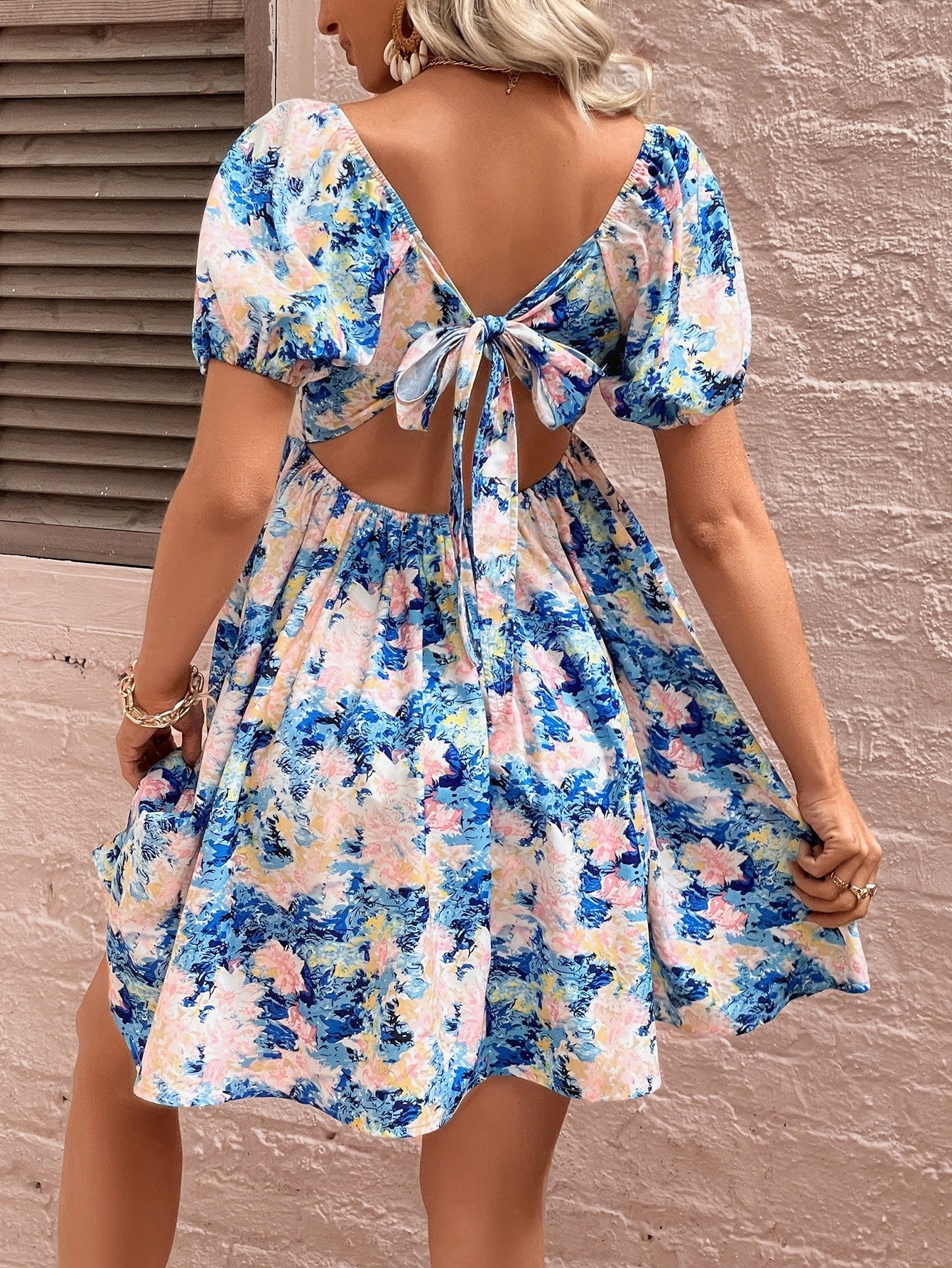 Floral Square Neck Puff Sleeve Dress-Angel Casuals