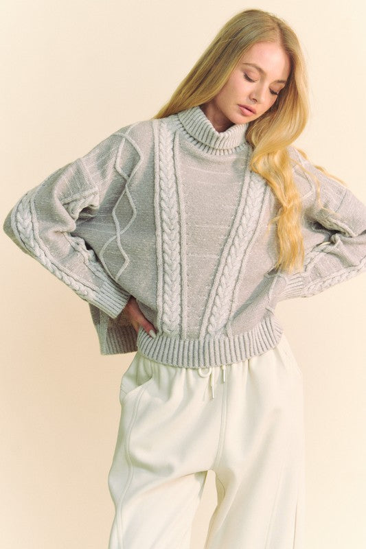 Davi & Dani Cable-Knit Turtleneck Dropped Shoulder Sweater-Angel Casuals