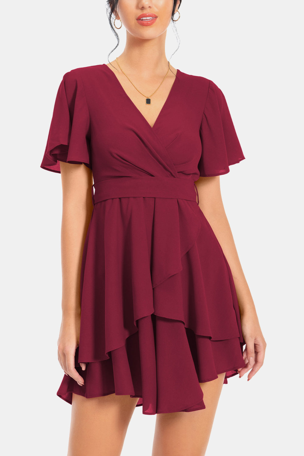 Surplice Neck Flutter Sleeve Dress-Angel Casuals