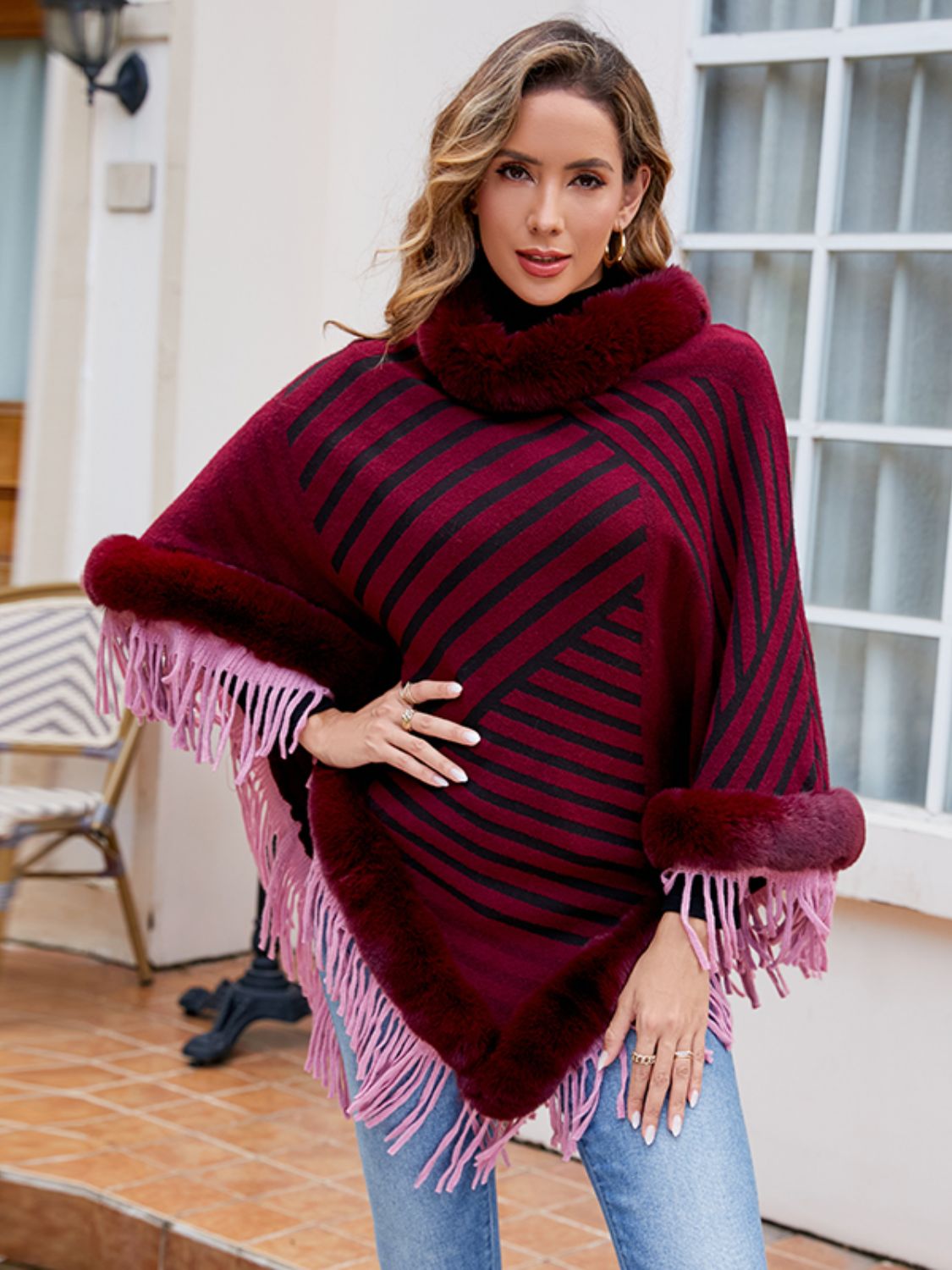 Striped Fringe Hem Poncho-Angel Casuals